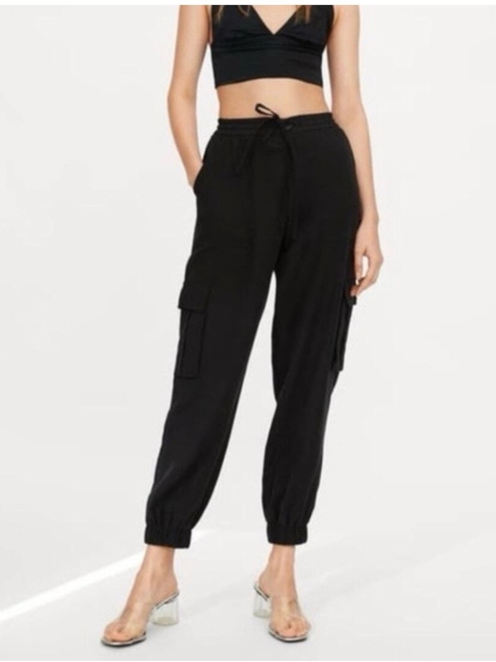 ZARA Black Cargo Jogger Pants Women’s Lightweight Utility Tapered Ankle
